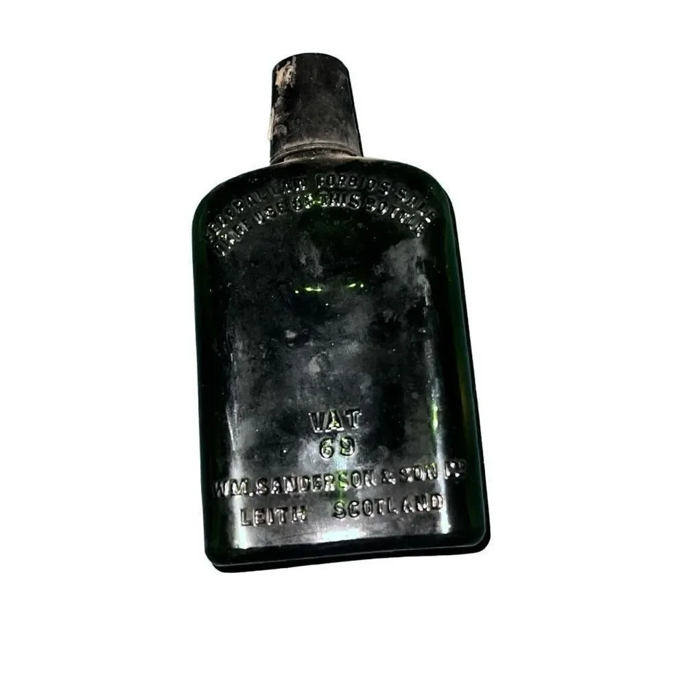 Antique Leith Scotland Black Glass Sanderson & Son Liquor Bottle Size 7” x 3.5”